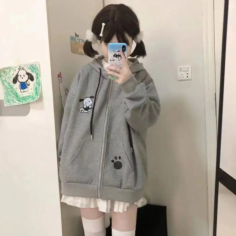 Anime Sanrioed Pochacco Cardigan Hoodie Thicken Ear Hooded Zip Jacket Kawaii Cotton Spring Autumn Sweet Loose Student Girls