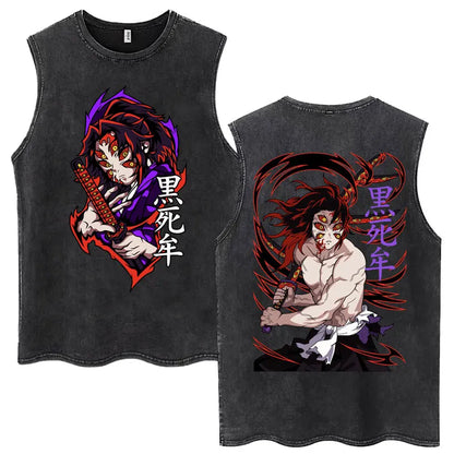 Japan Anime Demon Slayer Washed Tank Tops Hashibira Inosuke The Boar Face Manga T Shirt Men Women Loose Cotton Sleeveless Tshirt