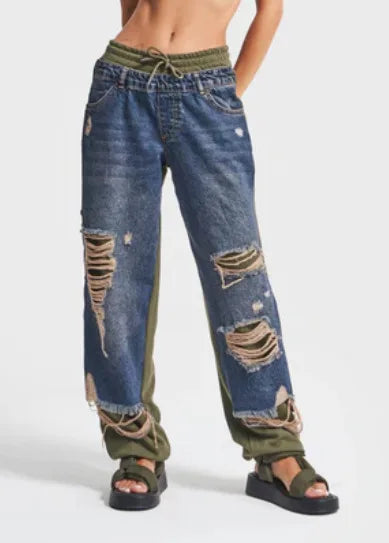 Jeans Wide Leg Pants Women Hole Trousers Elastic Waist Lace Up Stretch Patchwork Distressed Ripped Denims Vintage Streetwear