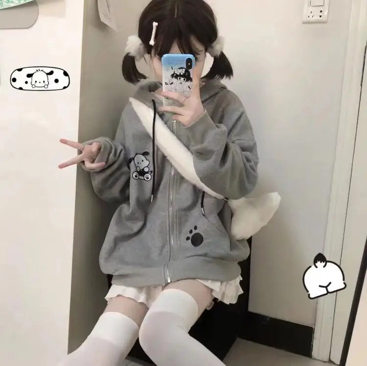 Anime Sanrioed Pochacco Cardigan Hoodie Thicken Ear Hooded Zip Jacket Kawaii Cotton Spring Autumn Sweet Loose Student Girls