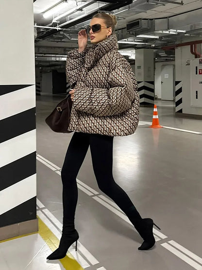 Oversized Printed Stand Collar Zipper Padded Jacket Women Elegant Long Sleeve Loose Autumn Winter Coats Fashion Ladies Outerwear