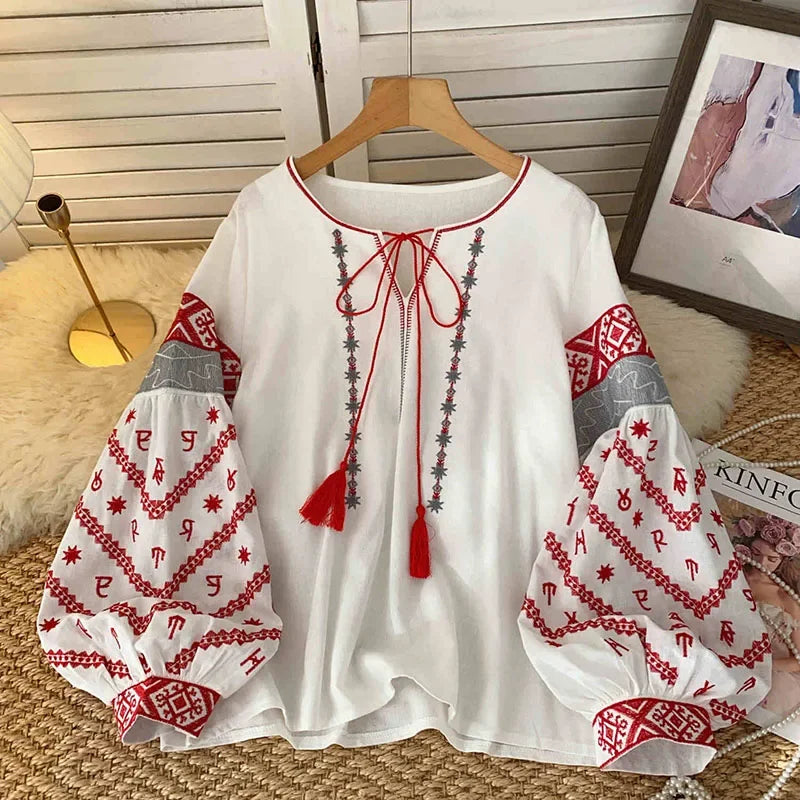 New Women's Bohemia Blouse Embroidered Autumn Spring O-neck Collar Bow Tie Lantern Sleeve Top Blusas Mujer Female Tops BL021