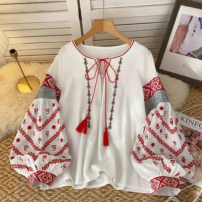 New Women's Bohemia Blouse Embroidered Autumn Spring O-neck Collar Bow Tie Lantern Sleeve Top Blusas Mujer Female Tops BL021