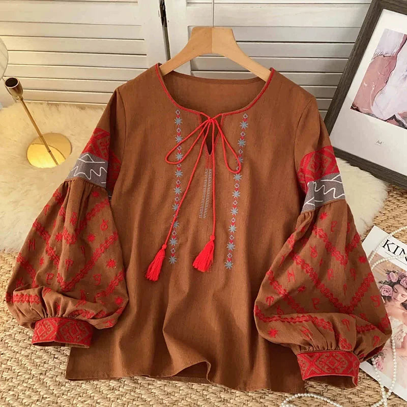 New Women's Bohemia Blouse Embroidered Autumn Spring O-neck Collar Bow Tie Lantern Sleeve Top Blusas Mujer Female Tops BL021