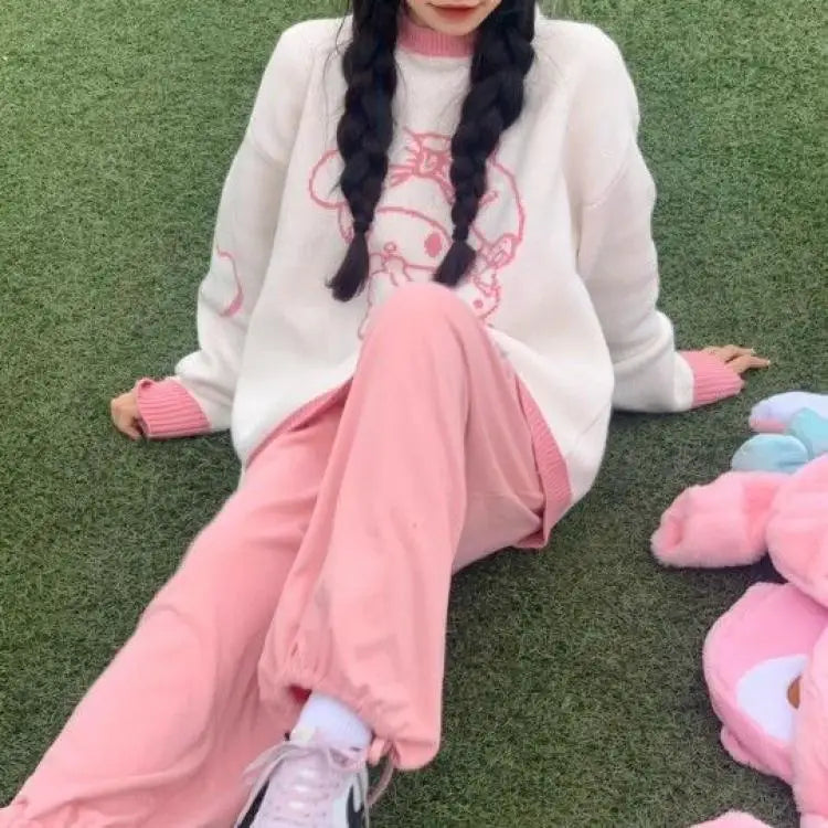 Anime Cinnamoroll Women Sweater Sanrio My Melody Kawaii Autumn Winter Preppy Student Girl Sweater Round Neck Tops Loose Sweet
