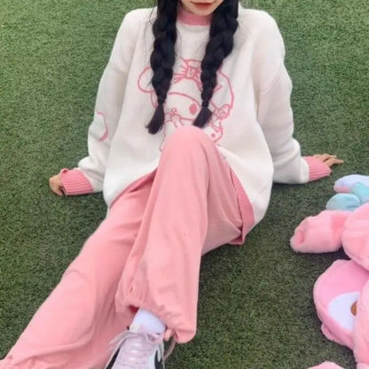 Anime Cinnamoroll Women Sweater Sanrio My Melody Kawaii Autumn Winter Preppy Student Girl Sweater Round Neck Tops Loose Sweet