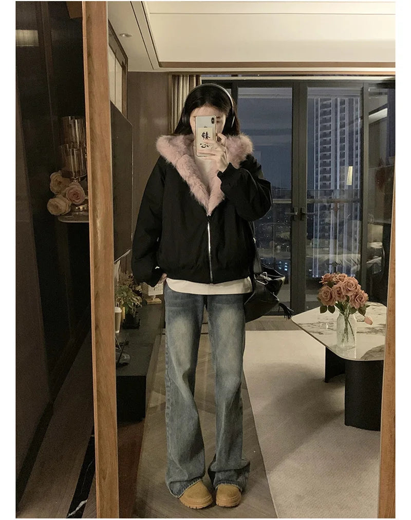 Double Sided Winter Coat Women Clothing Imitation Mink Fur Fur Hooded Cotton Jacket Female Warm Cotton-padded Clothes Outerwea