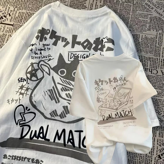 Kawaii Cat Printed Cartoon Women T-Shirts Short Sleeve Tees Female Couple Streetwear Harajuku Loose Clothes Y2K Tops