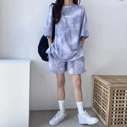 Streetwear Letter Two-piece Tracksuit Tie-dye Thin Short Sleeve T-shirt Shorts Ins Sports Summer Loose Suit Running
