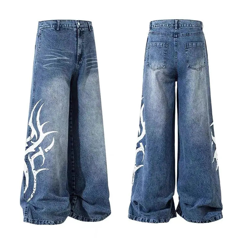 American Vintage Splicing High Street Jeans Autumn Woman Street Harajuku Hip Hop Baggy Jeans Printed Casual Wide-leg Denim Pant