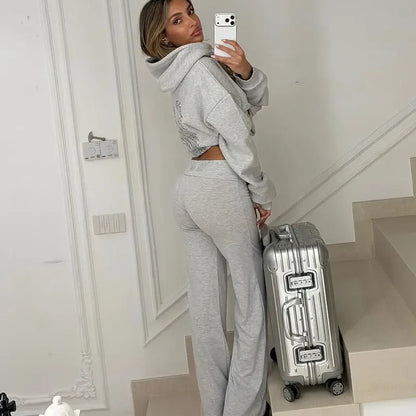 Casual Sequin Wings Hooded Sweatshirt Pant Set Women Gray Loose Full Sleeve Pullover Suit 2025 Autumn Winter Lady Daily Outfit