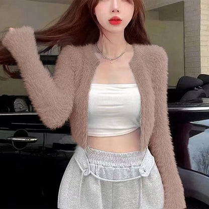 Y2K Knitted Plush Short Cardigan Sweaters Women 2025 Autumn Winter New Zipper Cardigan Female Vintage Trend Sexy Crop Tops
