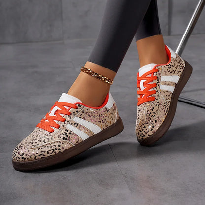Sneakers Women 2025 New Fashion Outdoor Lace-up Leopard Casual Shoes Female Lightweight Comfortable Non Slip Flat Shoes