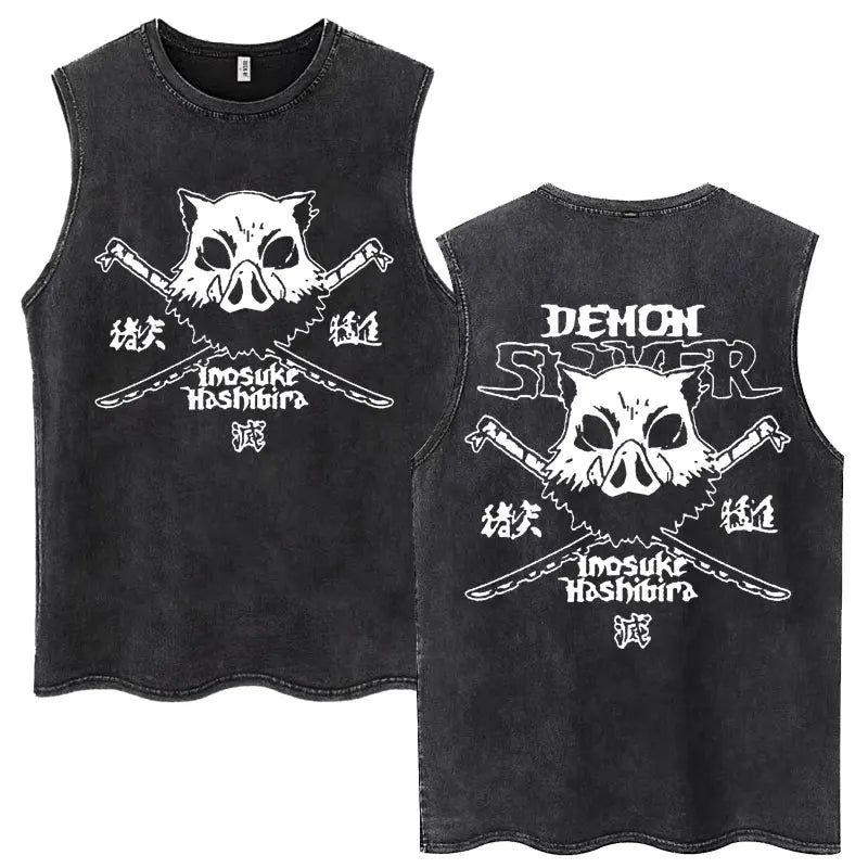 Japan Anime Demon Slayer Washed Tank Tops Hashibira Inosuke The Boar Face Manga T Shirt Men Women Loose Cotton Sleeveless Tshirt