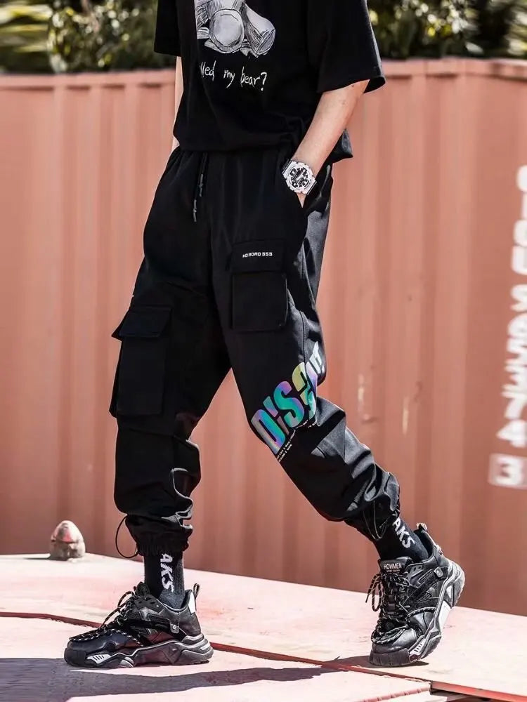 Thin Streetwear Casual Pants Men Ribbons Harem Jogging Pants Male Slim Fit Spring Cargo Pants Multi-Pockets Women Trouser K1299