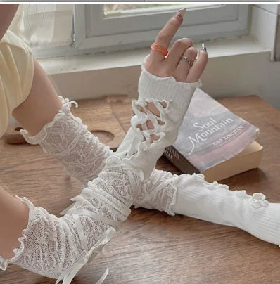 Lolita Ballet Strap Lace Gloves Y2K Fingerless Gothic Sunscreen Sleeve Women Lolita Clothing Accessories Mesh Anime Punk Gloves