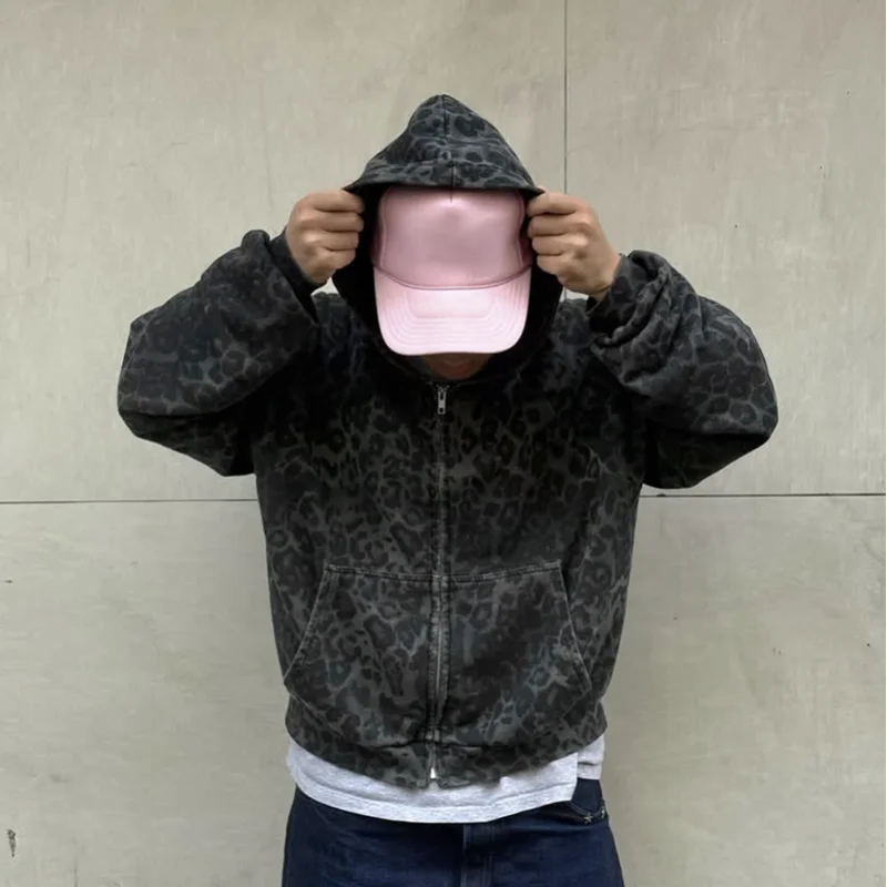 2025 Autumn/Winter European and American Warm Harajuku New Leopard Pattern Dark Design Fashion Zipper Hoodie