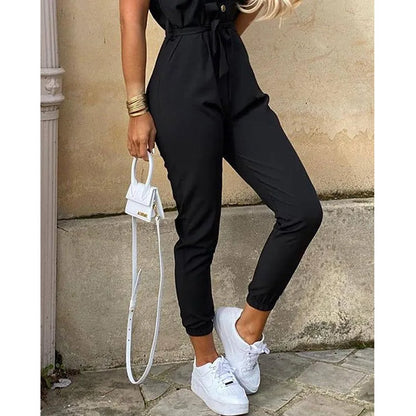 Summer Women's New Fashion Flip Collar Button Print Belt Lace Up Work Dress Casual Capris Jumpsuit Office