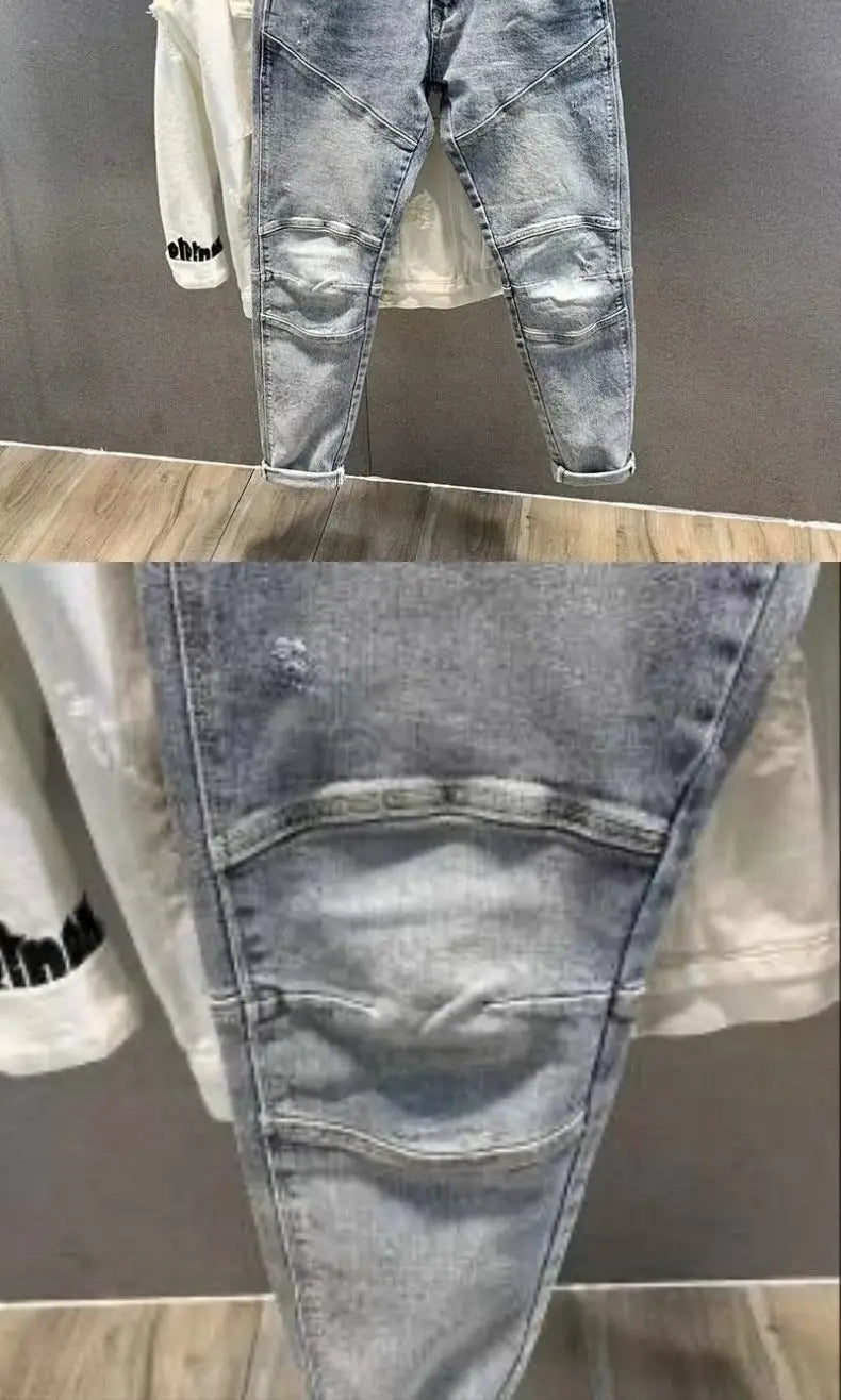 Men's Retro Jeans Casual Spring Autumn Slim Pencil Pants Vintage Distressed Motorcycle Stitching Embroidery Washed Skinny Jeans