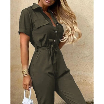 Summer Women's New Fashion Flip Collar Button Print Belt Lace Up Work Dress Casual Capris Jumpsuit Office
