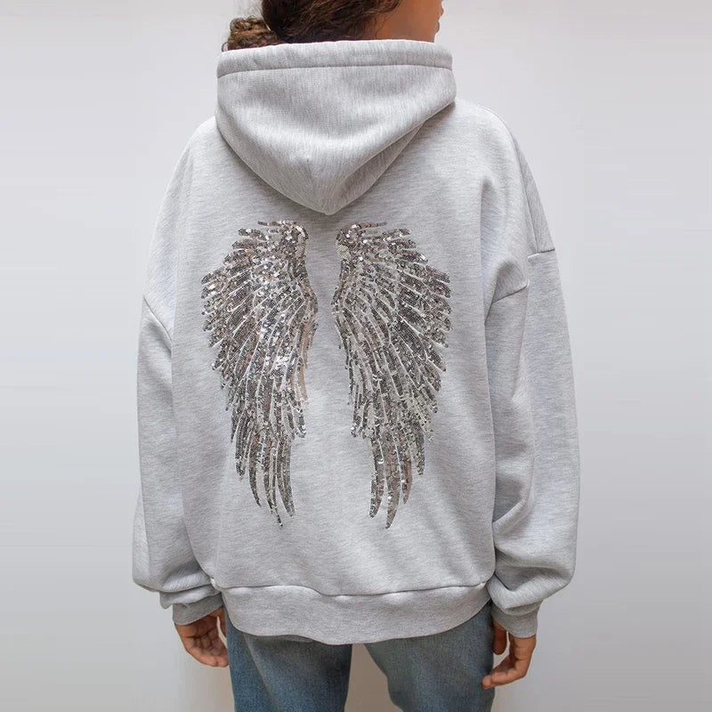 Casual Sequin Wings Hooded Sweatshirt Pant Set Women Gray Loose Full Sleeve Pullover Suit 2025 Autumn Winter Lady Daily Outfit