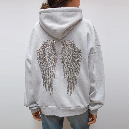 Casual Sequin Wings Hooded Sweatshirt Pant Set Women Gray Loose Full Sleeve Pullover Suit 2025 Autumn Winter Lady Daily Outfit