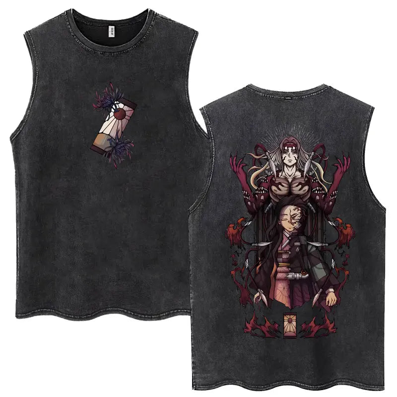 Japan Anime Demon Slayer Washed Tank Tops Hashibira Inosuke The Boar Face Manga T Shirt Men Women Loose Cotton Sleeveless Tshirt