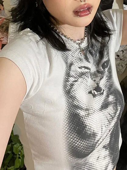 wild cat print low pixel round neck short sleeved T-shirt retro versatile slimming short top