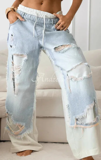 Jeans Wide Leg Pants Women Hole Trousers Elastic Waist Lace Up Stretch Patchwork Distressed Ripped Denims Vintage Streetwear