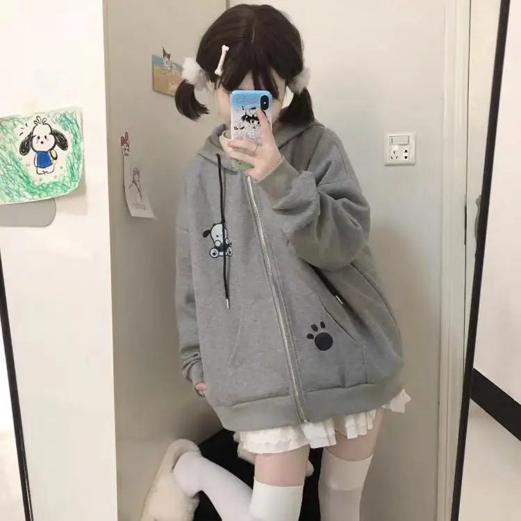 Anime Sanrioed Pochacco Cardigan Hoodie Thicken Ear Hooded Zip Jacket Kawaii Cotton Spring Autumn Sweet Loose Student Girls