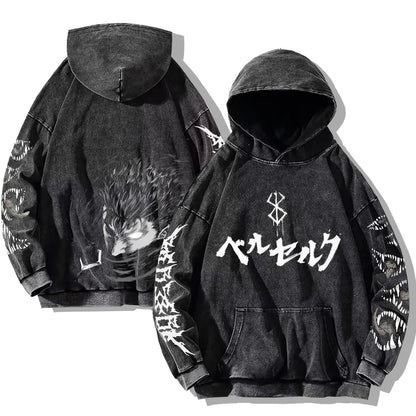 Berserk Printed Washed Hoodies Gothic Vintage Cotton Hooded Sweatshirt Y2k Oversized Long Sleeve Pullover Men Women Retro Hoodie
