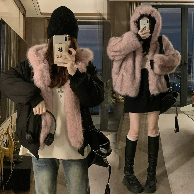 Double Sided Winter Coat Women Clothing Imitation Mink Fur Fur Hooded Cotton Jacket Female Warm Cotton-padded Clothes Outerwea