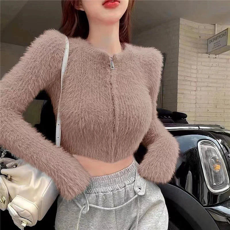 Y2K Knitted Plush Short Cardigan Sweaters Women 2025 Autumn Winter New Zipper Cardigan Female Vintage Trend Sexy Crop Tops