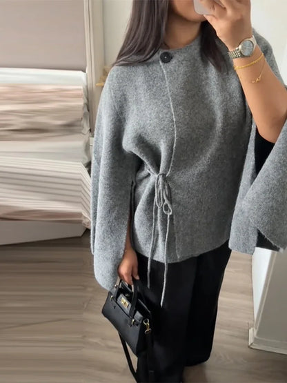 Elegant Woolen Knitted Cape Jacket For Women Long Sleeve Loose Casual Shawl Shawl Coat 2025 New Lady Autumn Winter Solid Outwear