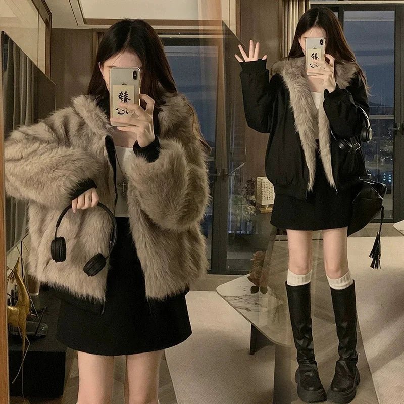 Double Sided Winter Coat Women Clothing Imitation Mink Fur Fur Hooded Cotton Jacket Female Warm Cotton-padded Clothes Outerwea