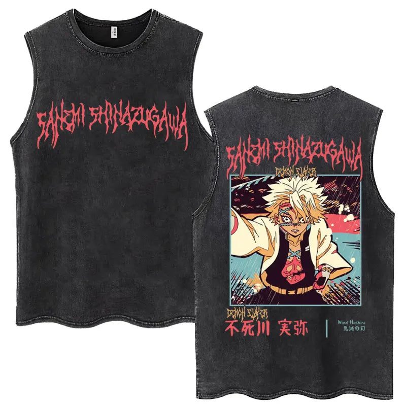 Japan Anime Demon Slayer Washed Tank Tops Hashibira Inosuke The Boar Face Manga T Shirt Men Women Loose Cotton Sleeveless Tshirt
