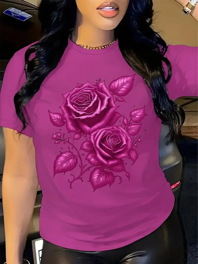 Women's Hot Selling Casual Round Neck Top, 3D Rose Pattern Short Sleeved T-shirt Elegant, Fast Breathable Outdoor Sports Shirt