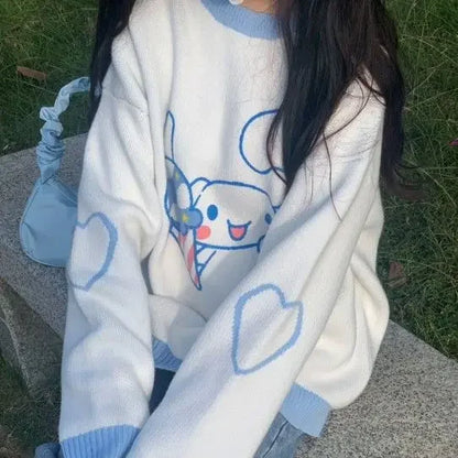 Anime Cinnamoroll Women Sweater Sanrio My Melody Kawaii Autumn Winter Preppy Student Girl Sweater Round Neck Tops Loose Sweet
