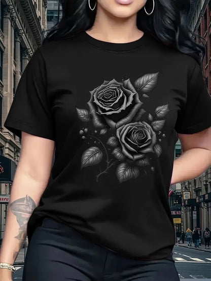 Women's Hot Selling Casual Round Neck Top, 3D Rose Pattern Short Sleeved T-shirt Elegant, Fast Breathable Outdoor Sports Shirt