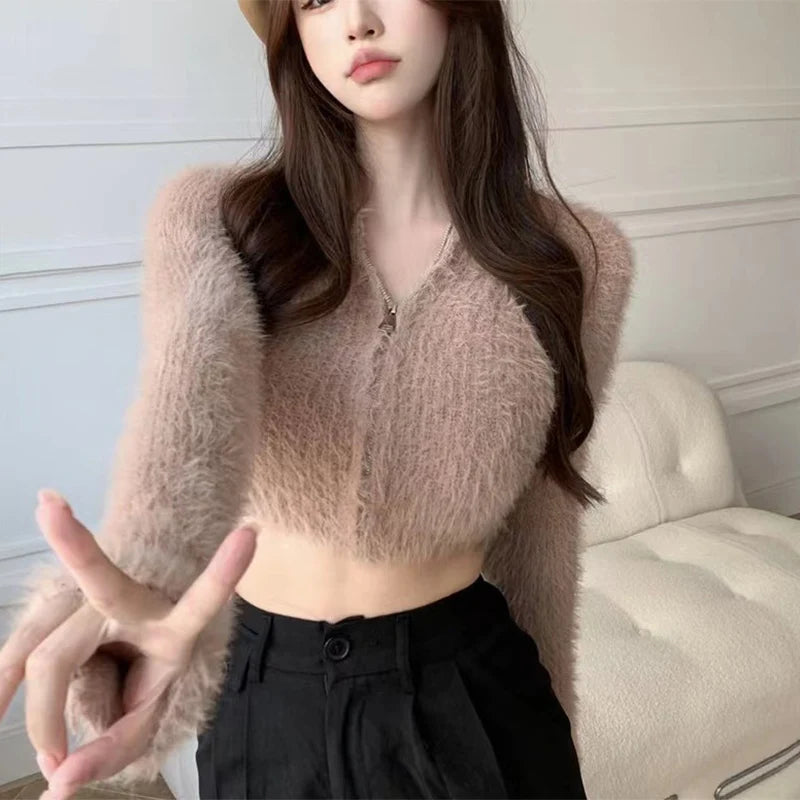 Y2K Knitted Plush Short Cardigan Sweaters Women 2025 Autumn Winter New Zipper Cardigan Female Vintage Trend Sexy Crop Tops