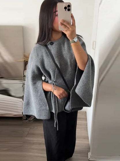Elegant Woolen Knitted Cape Jacket For Women Long Sleeve Loose Casual Shawl Shawl Coat 2025 New Lady Autumn Winter Solid Outwear