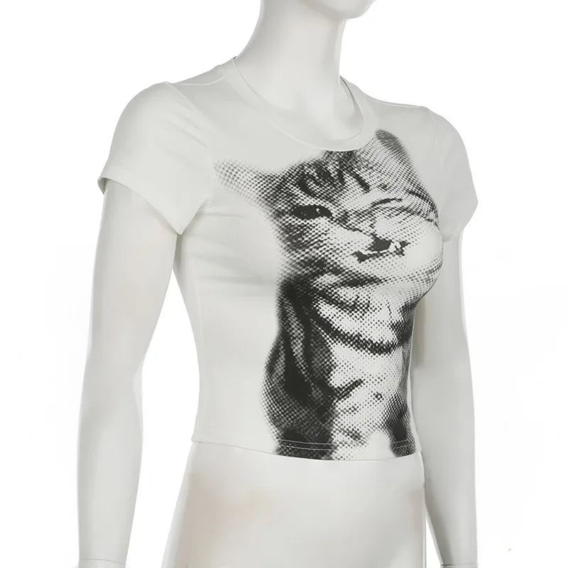 wild cat print low pixel round neck short sleeved T-shirt retro versatile slimming short top