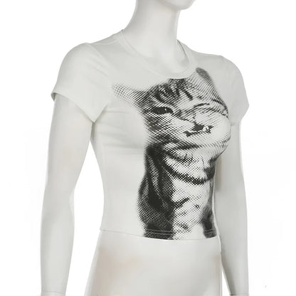 wild cat print low pixel round neck short sleeved T-shirt retro versatile slimming short top