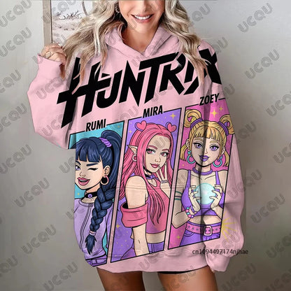 Autumn Fashion Kawaii KPop Demon Hunters Print Hoodies For Women Long Sleeve Sweatshirts Casual Pullover Oversized Y2K Tops