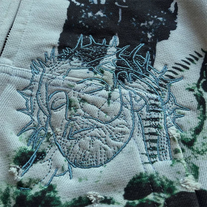 Y2K Fashion Retro Hoodie Oversized Abstract Graphic Printing Casual Distressed Zip Up Hoodie Men Women Hip Hop Trend Streetwear