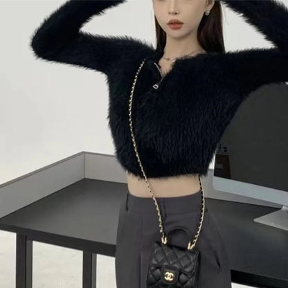 Y2K Knitted Plush Short Cardigan Sweaters Women 2025 Autumn Winter New Zipper Cardigan Female Vintage Trend Sexy Crop Tops
