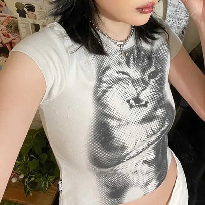 wild cat print low pixel round neck short sleeved T-shirt retro versatile slimming short top