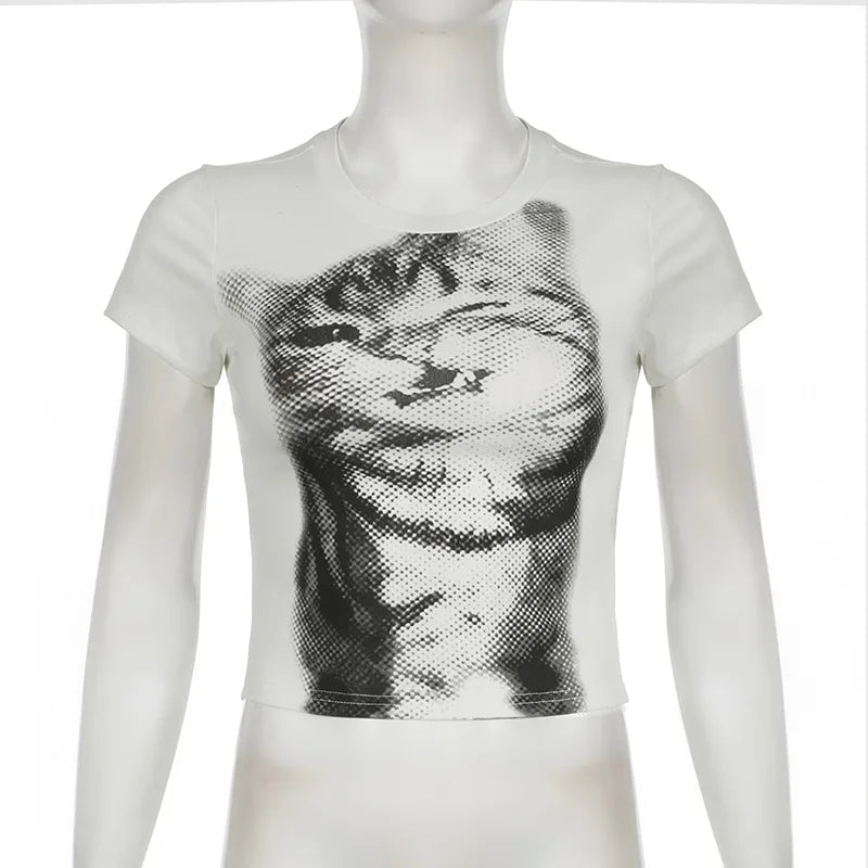wild cat print low pixel round neck short sleeved T-shirt retro versatile slimming short top