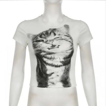 wild cat print low pixel round neck short sleeved T-shirt retro versatile slimming short top
