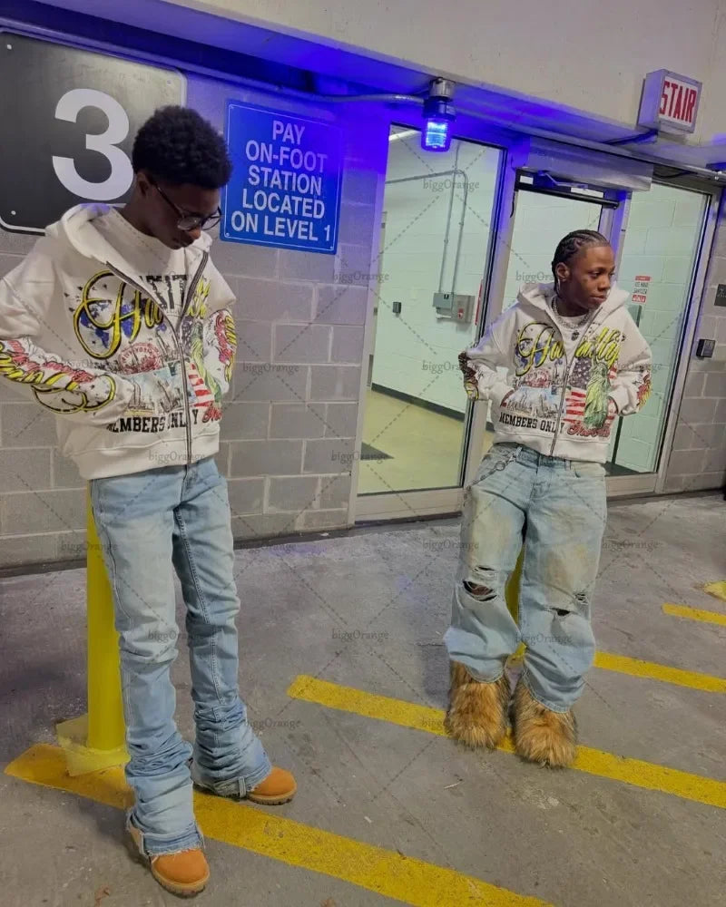 American Retro Letter Casual Loose Zipper Hoodie Men New Street Hip-hop Fashion Y2K Harajuku Oversized Sweatshirt Women